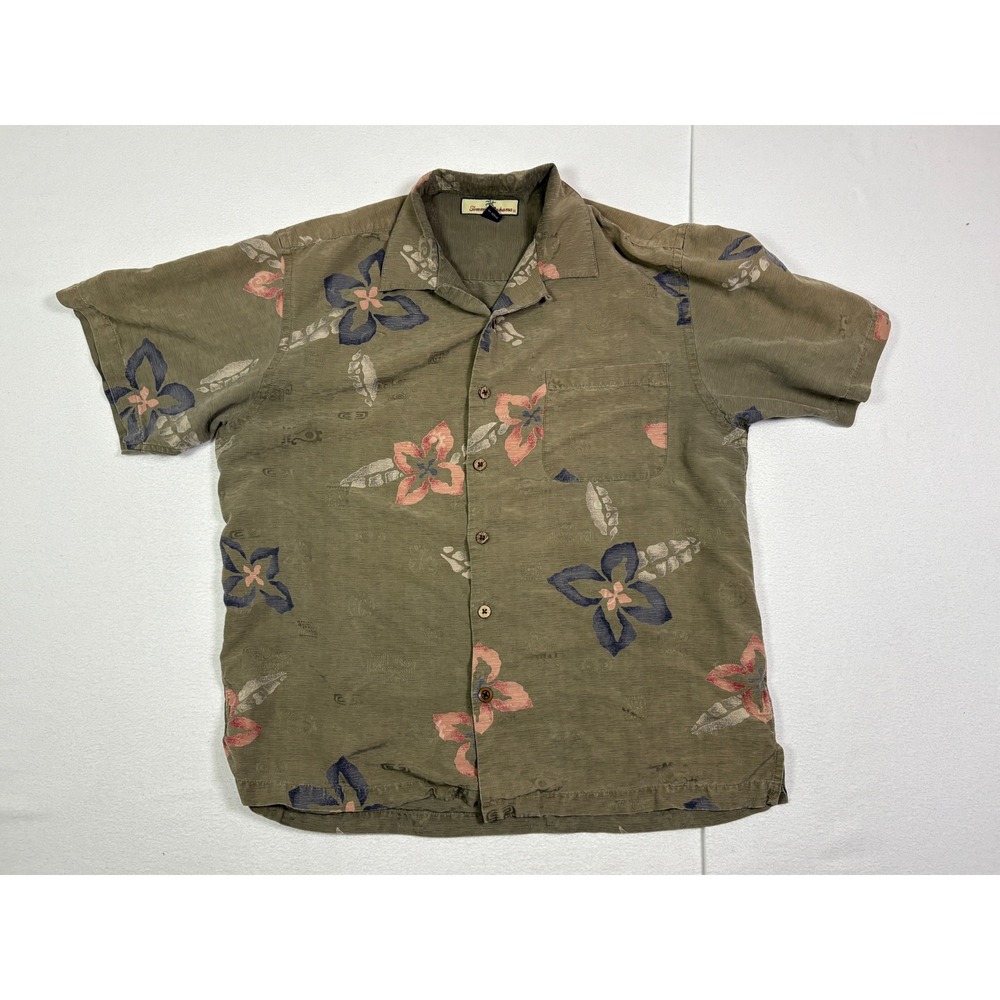 Tommy Bahama Mens Medium Silk Floral Camp Shirt Olive Green Short Sleeve Button